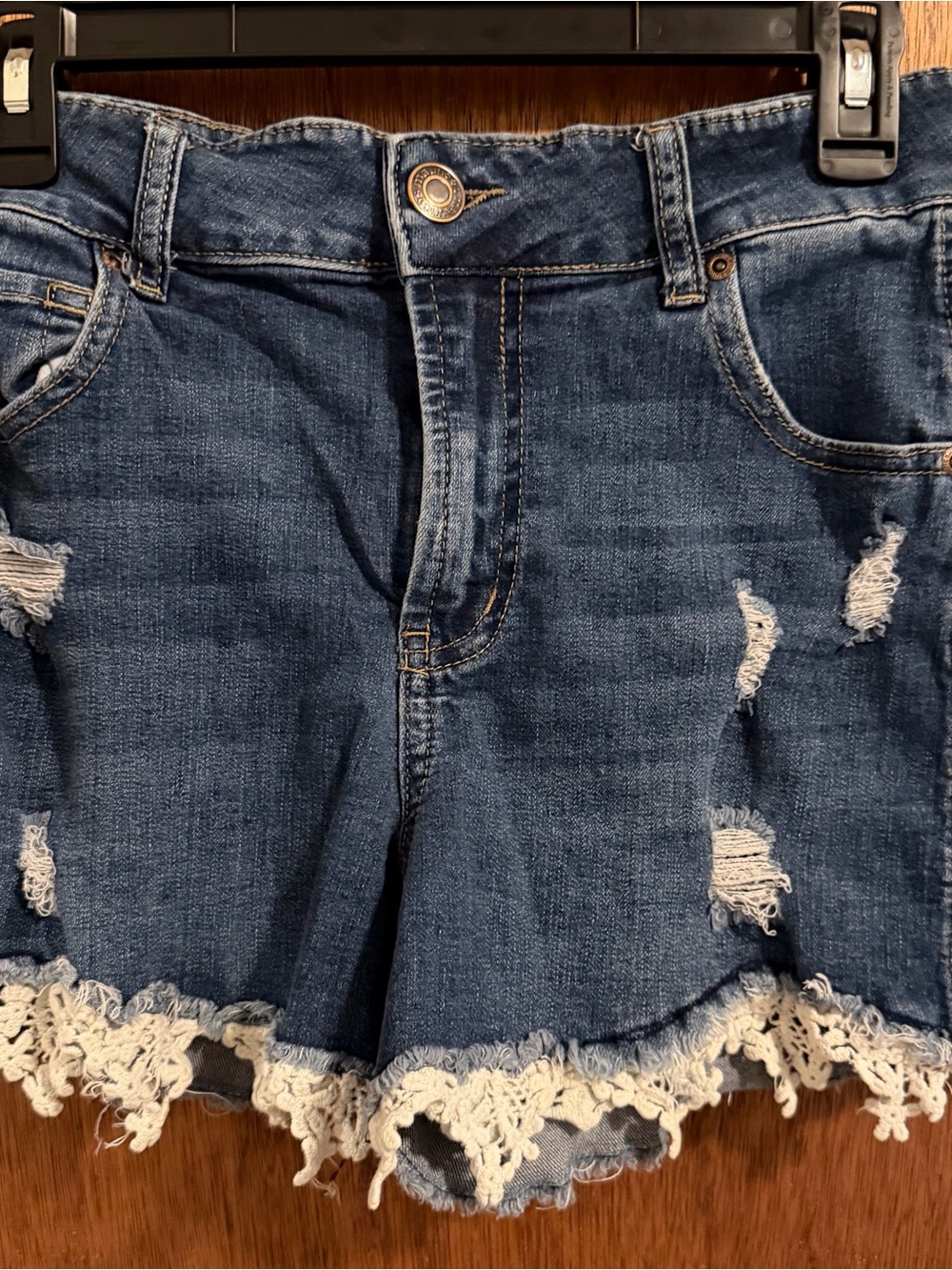 Maurices Distressed Denim Shorts with White Lace Trim